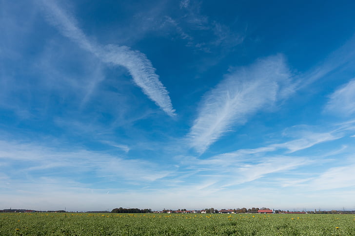 sky, white, blue, field, village, clouds, arable