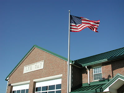 blå, patriotiske, vinke, flagg, brannstasjon, USA, amerikansk flagg