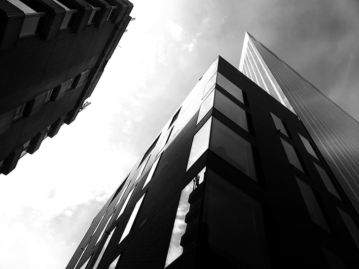 architecture, black-and-white, buildings, business, city, cityscape, clouds