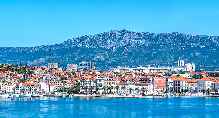 Croacia, Split, montañas, Costa, paisaje, arquitectura, cielo