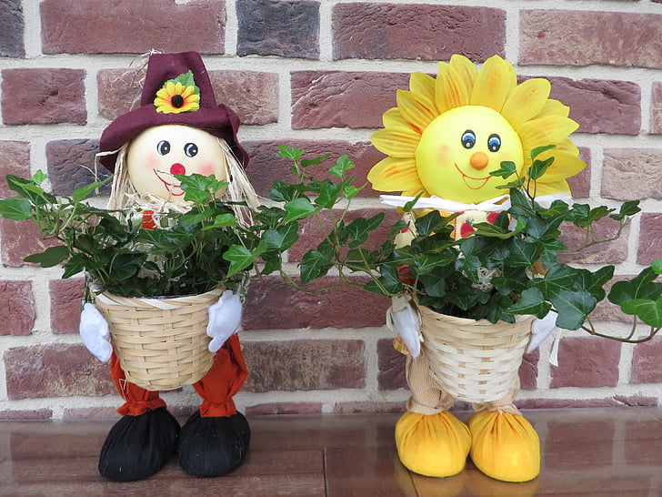 scarecrow, flowers, decoration, figure, garden, hat, doll