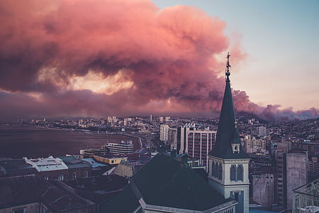 Panoráma města, oheň, kouř, vypalování, venku, červená, známé místo