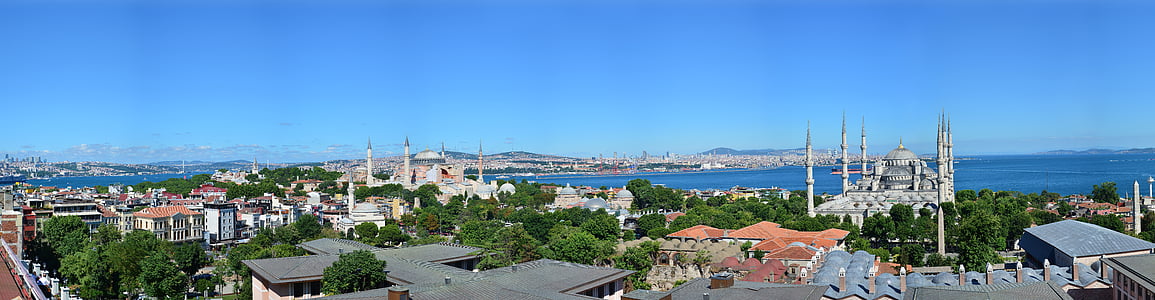 伊斯坦堡, 全景, 视图, 圣索非亚大教堂, 清真寺, 城市, 蓝色清真寺