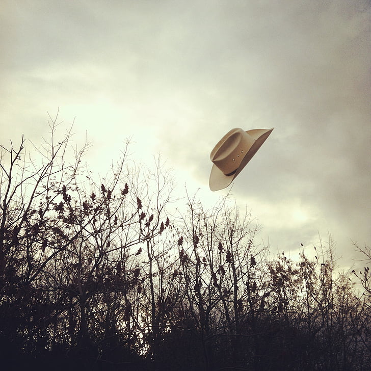 grijswaarden, fotografie, bruin, Cowboy, hoed, hemel, midden in de lucht