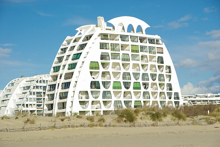 modern arkitektur, Frankrike, stranden, Montpellier, La grande motte