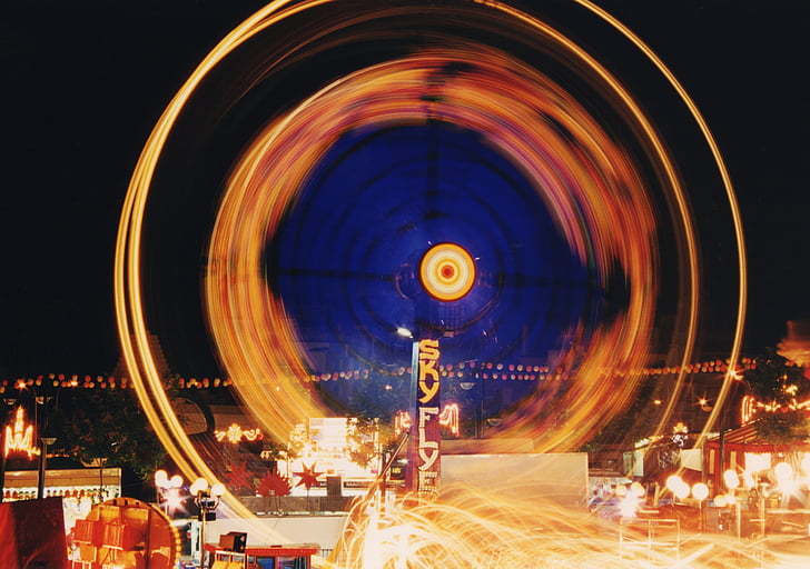 Parco di divertimenti, sfocatura, Carnevale, celebrazione, scuro, sera, rotella di Ferris