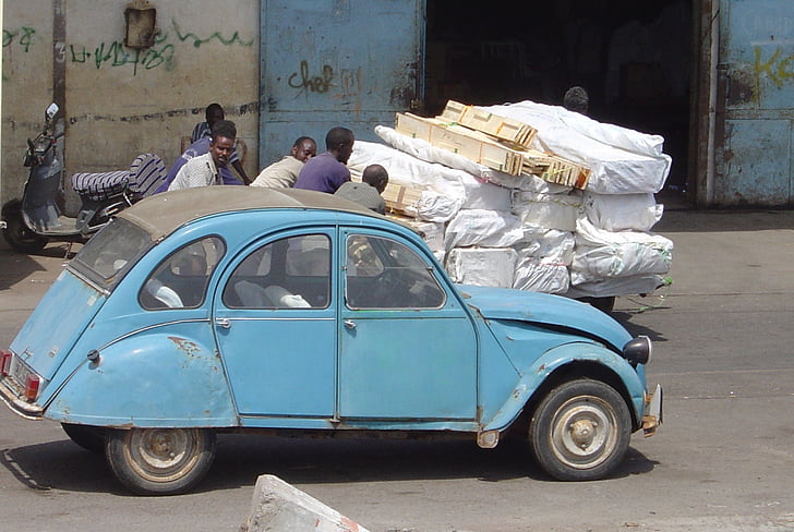 bil, blå, Lindas, Djibouti, Afrika, gamla, Street