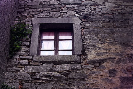 창, 보기, 오래 된, 집, stome, 홈, 벽