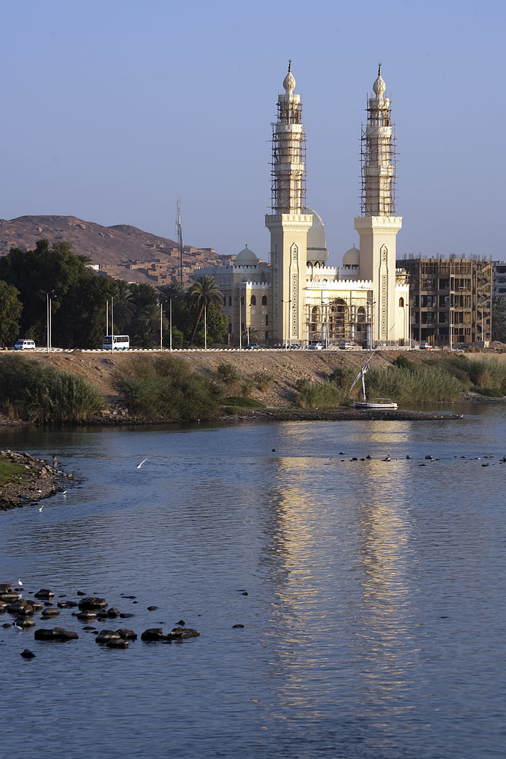 river nile, aswan, mosque, construction, architecture, timber scaffolding, refection