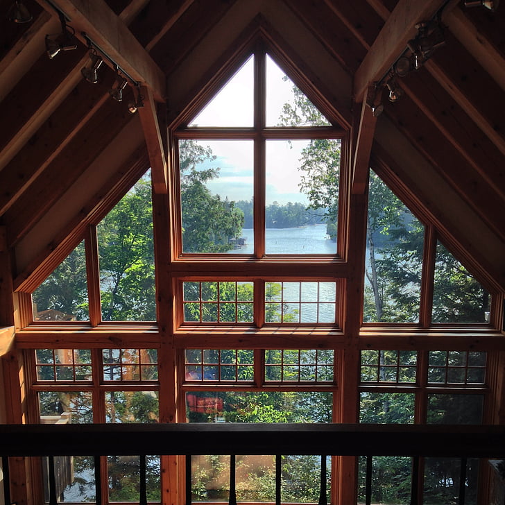 Llac ahmic, Llac, casa de camp, veure, Ontario, finestra, fusta - material