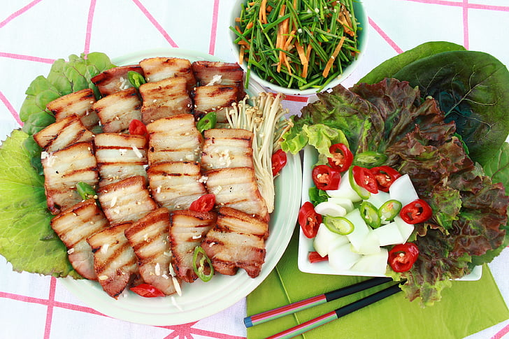 pork, meat, ssam, food, grill, salad, vegetable