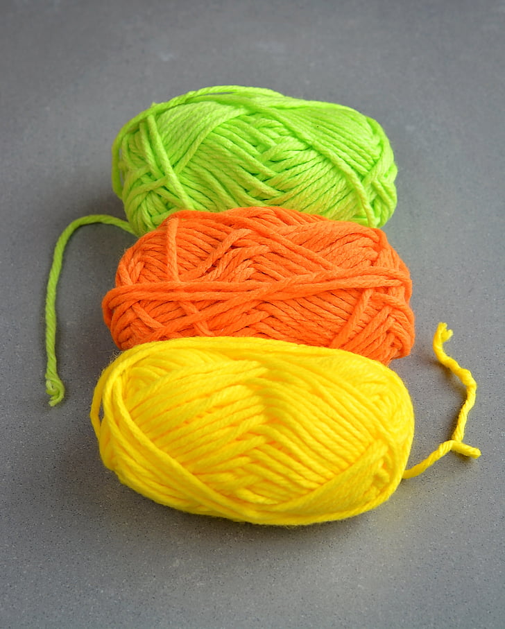 llana, subministraments de teixir, colors, color, verd, taronja, groc