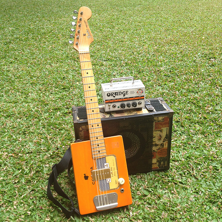 guitar, amplifier, speaker, cabinet, park, grass, orange
