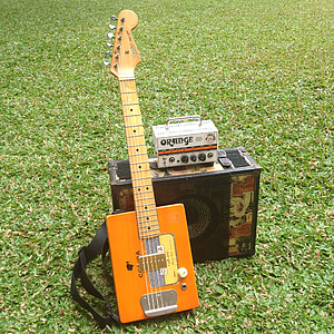 guitarra, amplificador, alto-falante, do armário, Parque, grama, laranja