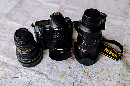 camera, lens, nikon, strap, map, travel, adventure