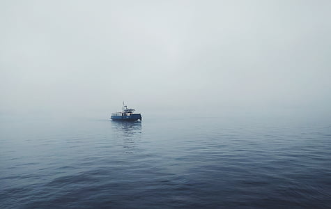 white, fishing, vessel, body, water, cloudy, sky