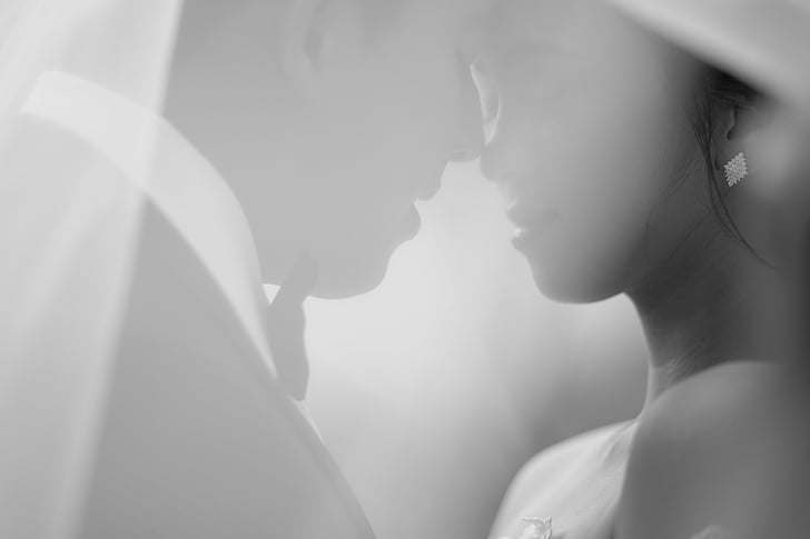 beautiful, black-and-white, blur, bridal, bride, close-up, couple