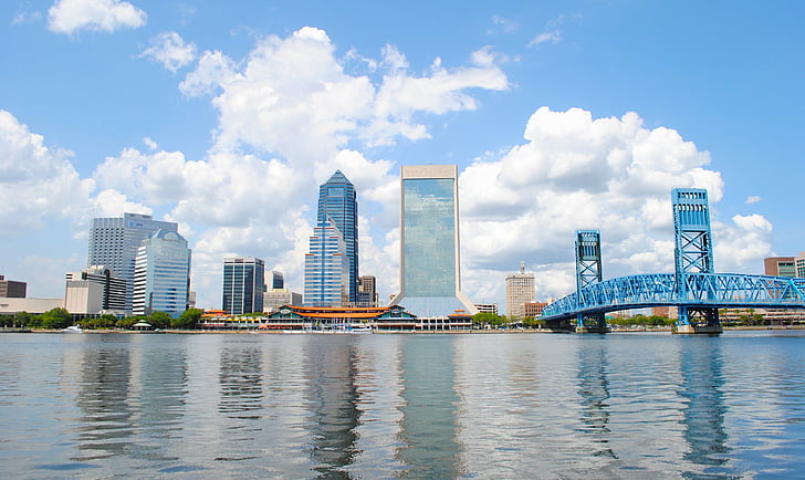 Jacksonville, Florida, Bay, hamnen, vatten, reflektioner, skyskrapor