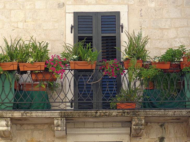 balkong, blomlåda, terrass, stenhus