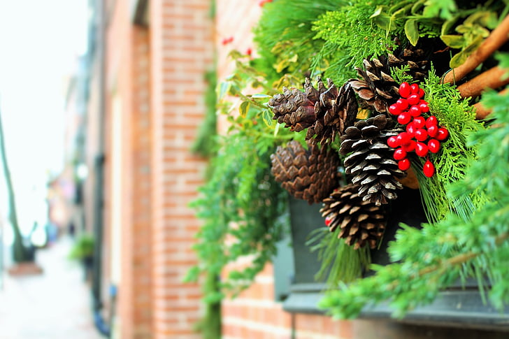 Kalėdiniai papuošalai, Kalėdų dekoracijos, aptikti kankorėžius, Amalas, pinecones, žalia, lapai