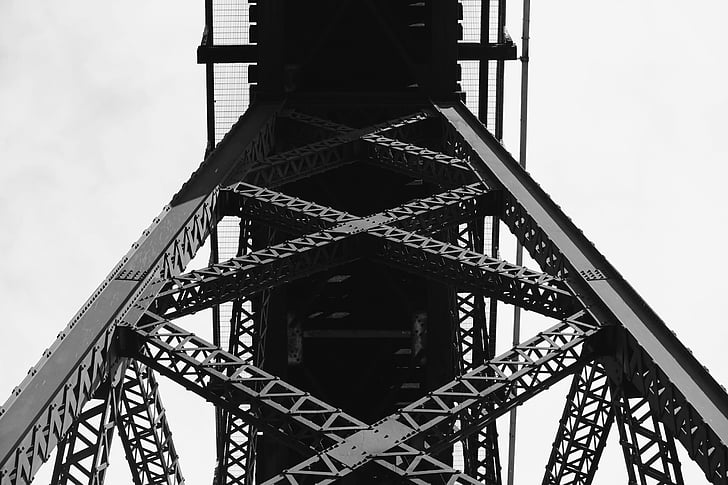 grayscale, fotografi, Menara, hitam dan putih, baja, Jembatan, balok