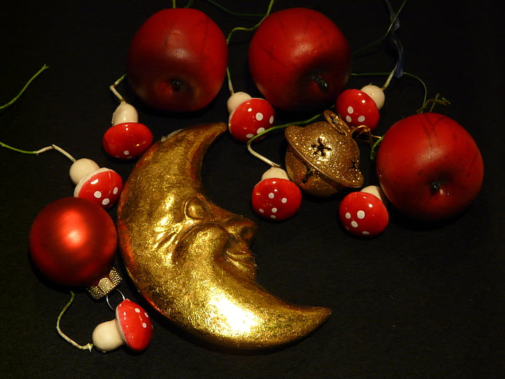 moon, bell, apple, mushrooms, christmas decoration, christmas, advent