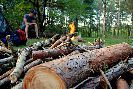 man, fire, forest, koster, trees, tent, backpack
