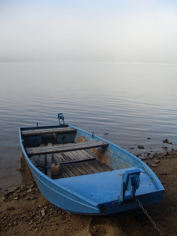 ship, blue, lake, lipno, fog