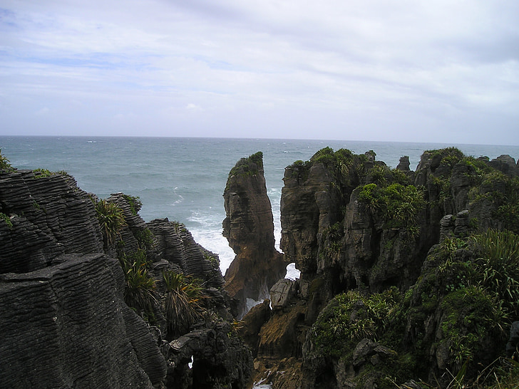 panqueca, pedras, em Punakaiki, Nova Zelândia, costa rochosa, Costa, mar