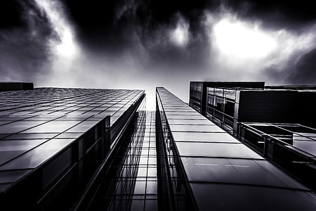 architettura, in bianco e nero, costruzione, nuvole, nuvoloso, scuro, occhiali
