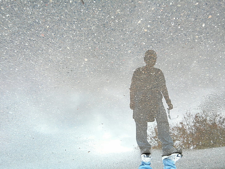 reflection, puddle, outdoor, blue, asphalt, clouds, silhouette