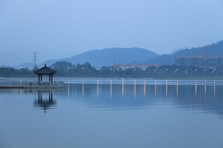 Lago, reflexo de água, névoa, paisagem, pavilhão, natureza, Ásia