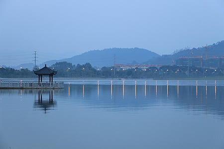 lake, water reflection, mist, landscape, pavilion, nature, asia