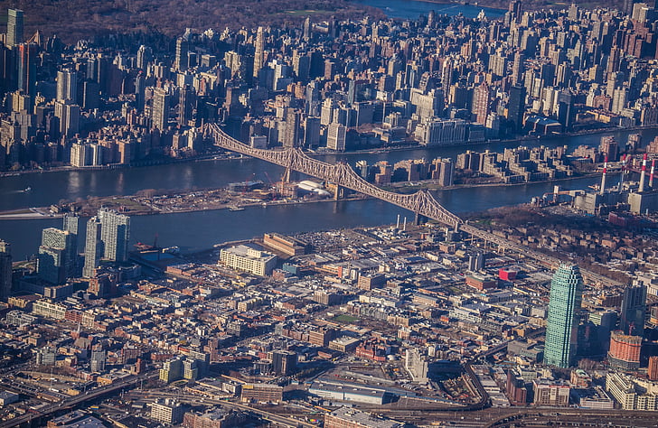 Kota New york, foto udara, Jembatan, Sungai, arsitektur, perkotaan, bangunan