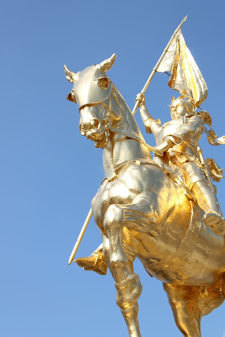 joan of arc, gold, statue, arc, joan, horse, sculpture