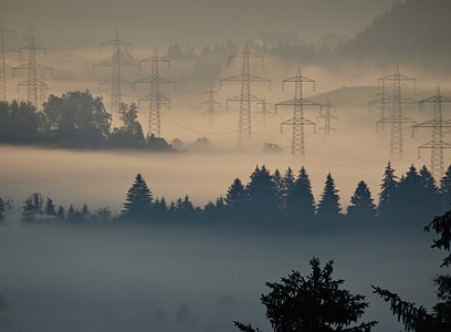 sương mù, đường dây điện, giá treo, sương mù überlandleitung, strommast, điện áp cao, năng lượng