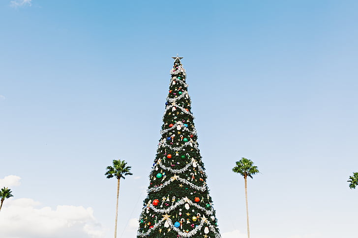 art, blue sky, bright, christmas, christmas balls, christmas tree, city