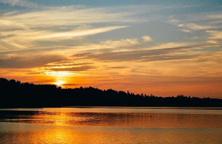 jezero, Západ slunce, soumrak, Příroda, obloha, léto, reflexe