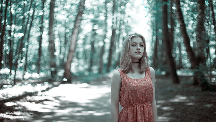 girl in the woods, dress, fear, the jitters, model, forest, land