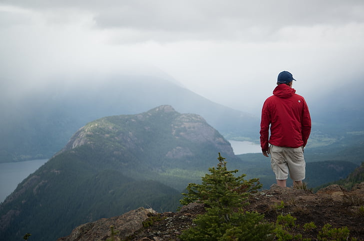 man, standing, cliff, front, mountain, people, alone