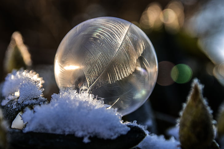 ziepju burbulis, ledus, eiskristalle, saldētas burbulis, ziemas, burbulis, salna