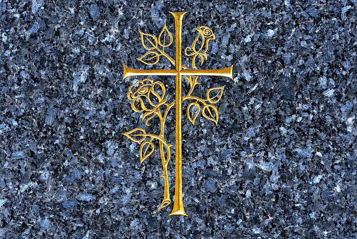 cross, granite slab, pattern, roses, grey, stone, tombstone