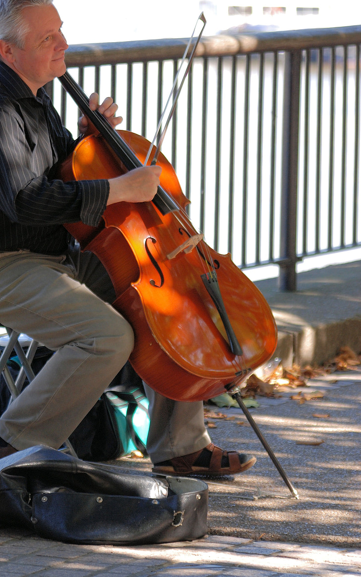 mand, cello, musikalske, streng, instrument, busking, musiker