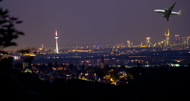 Frankfurte pie Mainas, Vācija, Debesskrāpis, siluets, pilsēta, enerģija, naktī