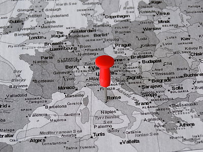 atlas, map, rome, pin, meeting point, destination, capital