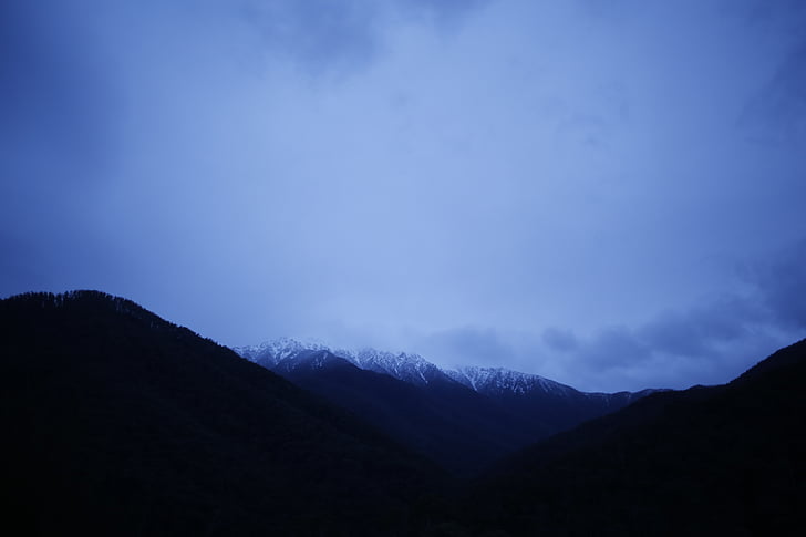 silhouette, mountain, night, time, cloud, snow, fog