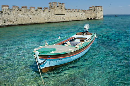 parede de castelo, idade média, bota, água, Itália, Sirmione, mar