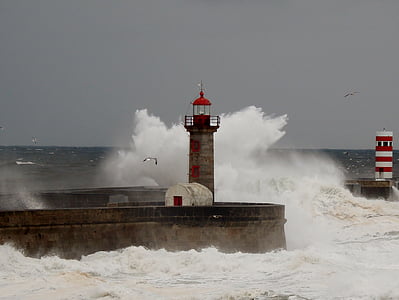 phare, Porto, Portugal, mer, Storm, ouragan - tempête, Beacon