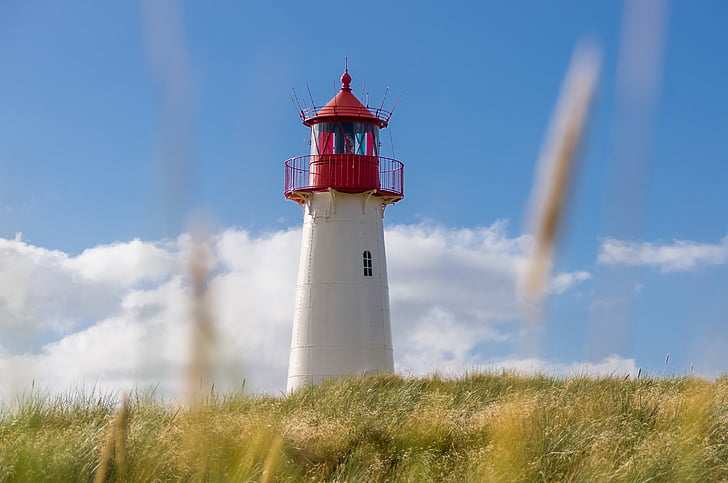 white, red, concrete, lighthouse, green, grass, blue