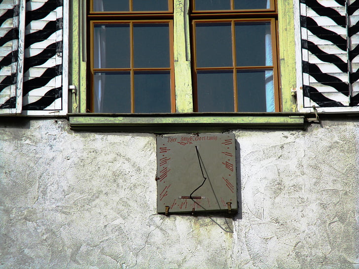 tempo, relógio de sol, horas, datailaufnahme, janela, persianas, fachada